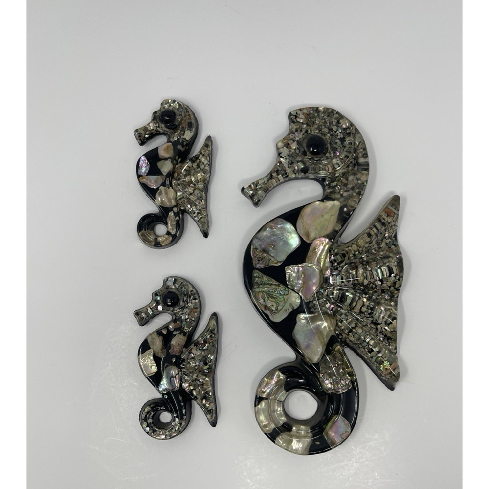 Vintage Abalone Shell Lucite Seahorse Wall Art Set Of 3 MCM Retro Coastal Charm